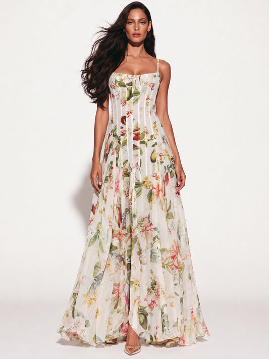 Autumn Floral-Print Draped Maxi Dress