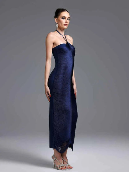 Jocelyn Classic Contour Halter Fringe Maxi Dress