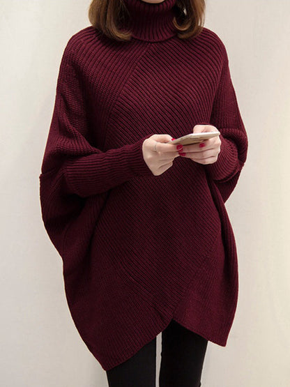 Casual Loose Batwing Sleeves Solid Color High-Neck Sweater Tops