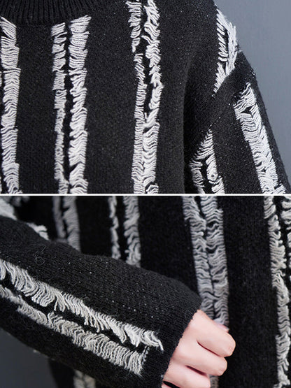 Casual Long Sleeves Loose Tasseled Round-Neck Sweater Tops