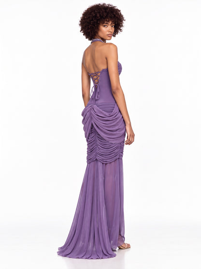 Audrey Twisted Ruched Halter Maxi Dress
