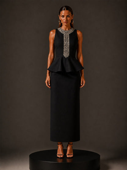 Mila Rhinestone-Embellished Ruffled Sleeveless Midi Dress