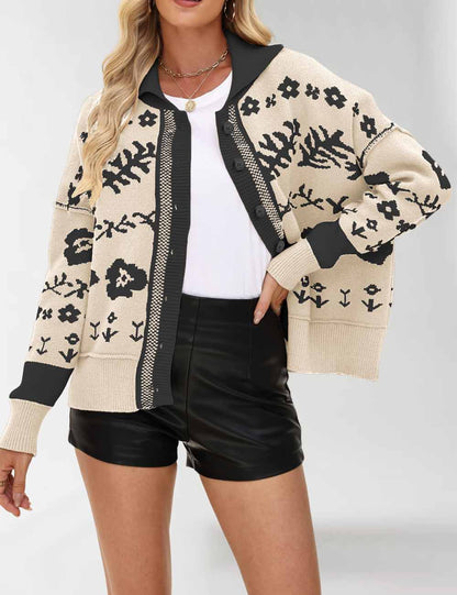 Vintage Floral Print Loose Knit Cardigan