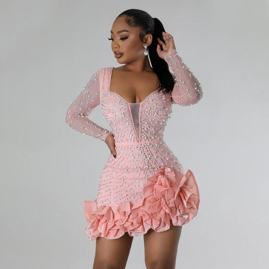Sexy Rhinestone Beaded Bodycon Dress Long Sleeve