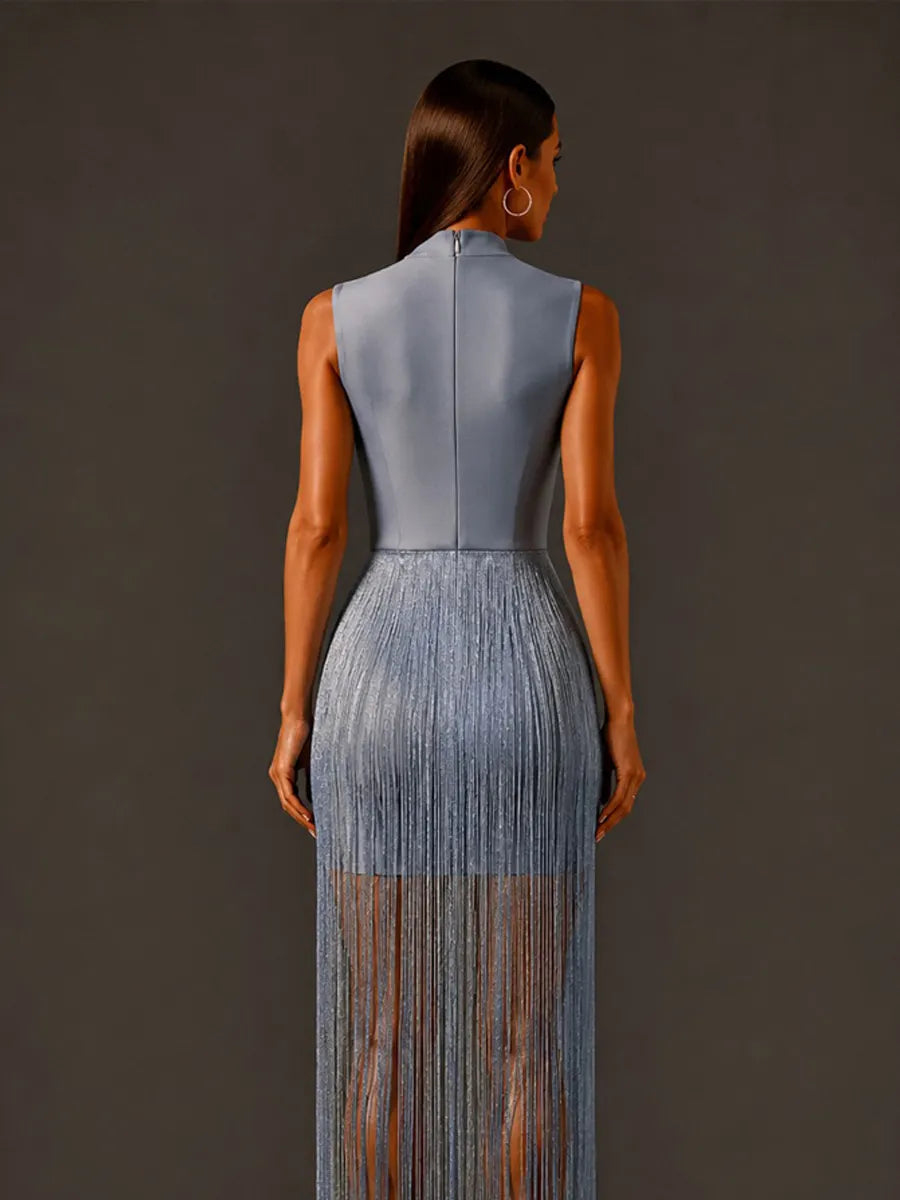 Calliope Silver-Thread Tassel Bandage Maxi Dress In Blue