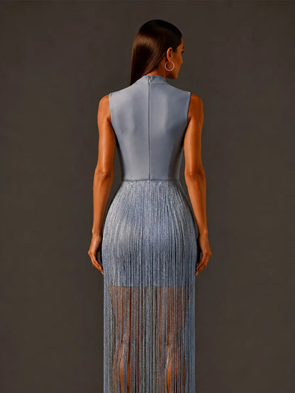 Calliope Silver-Thread Tassel Bandage Maxi Dress In Blue