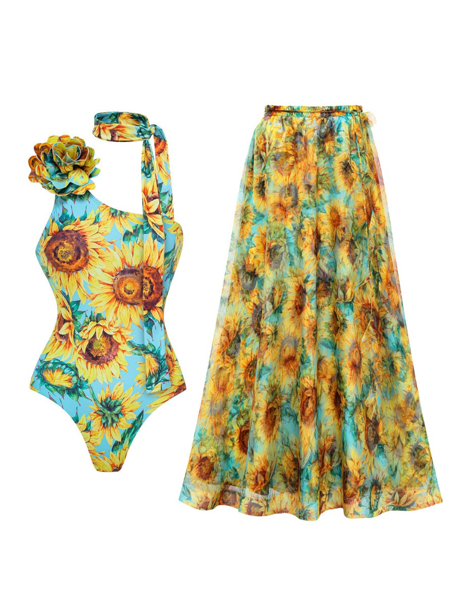 Jocelyn Sunflower-Print Lace-Up Swimsuit Set