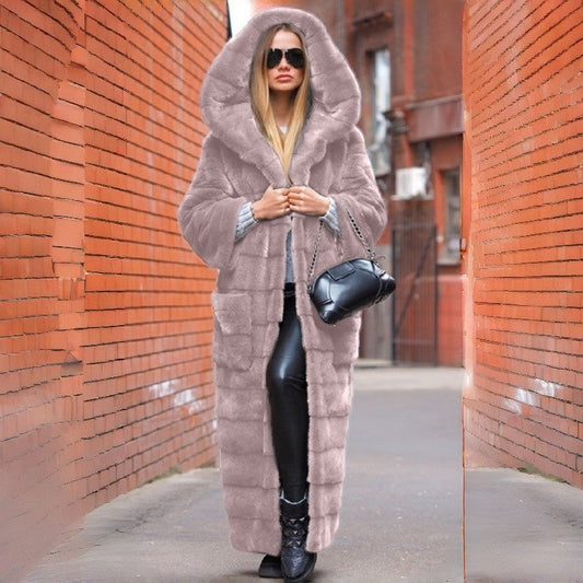 Thick Long Plush Hooded Faux Fur Coat
