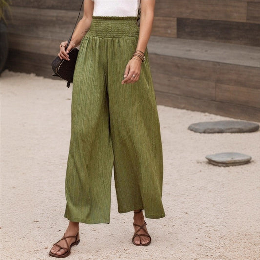 Elastic High Waist Pleated Wide Leg Pants