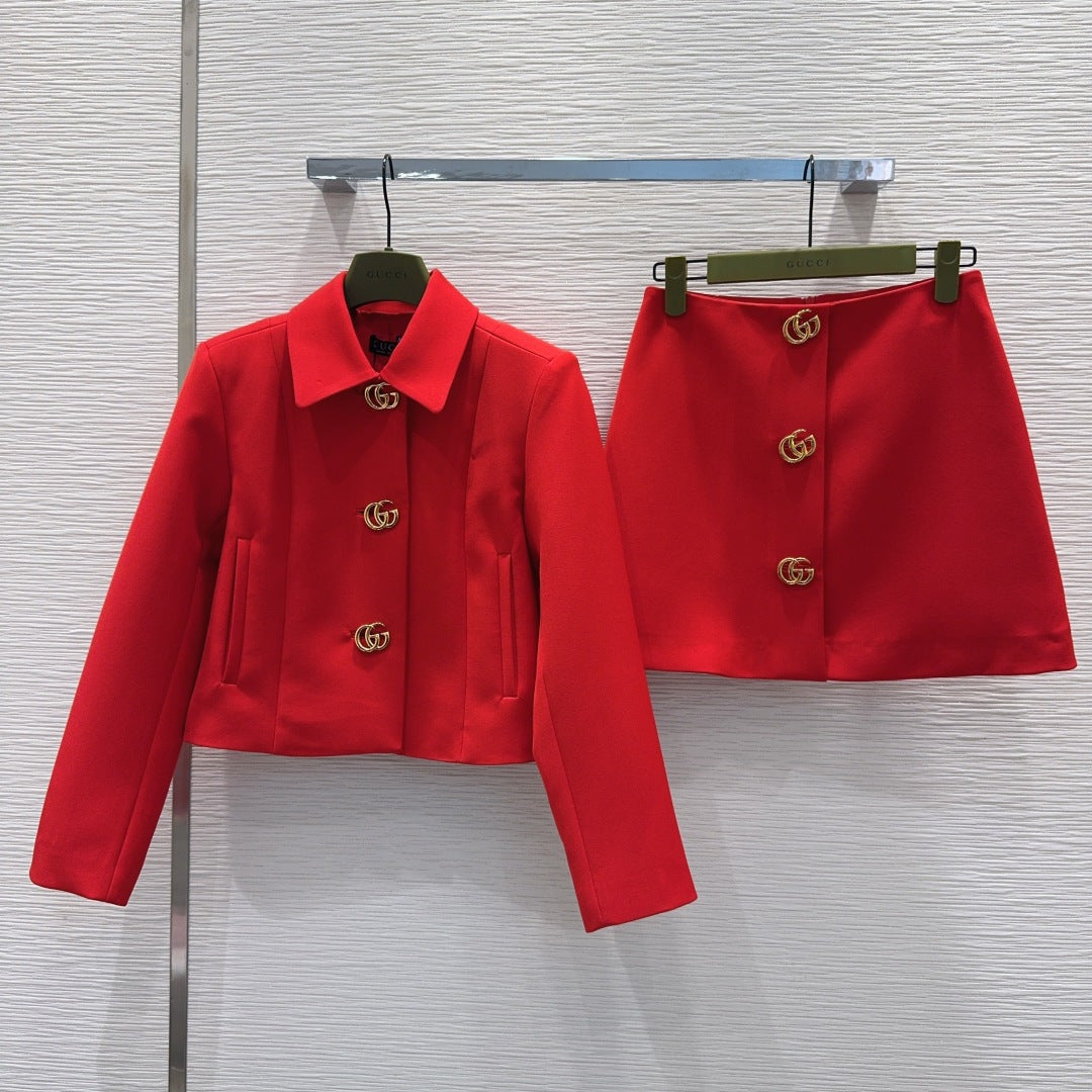 GG Crêpe Jacket With Double G Button Red Wool 346679