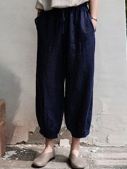 Simple Linen Solid Color Elasticity Waist Loose Knickerbockers&Capri-Pants