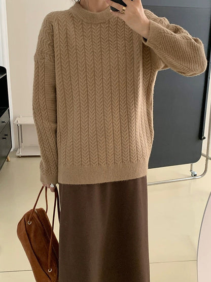 Long Sleeves Loose Solid Color Velvet Round-Neck Knitwear Pullovers Sweater Tops