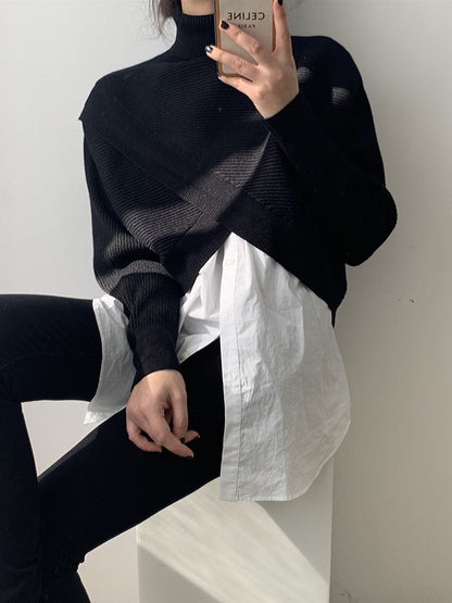 Stylish 4 Colors Knitting High-Neck Asymmetric Split-Front Sweater