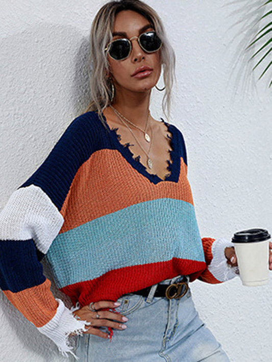 Urban Loose Fringed Contrast Color V-Neck Sweater