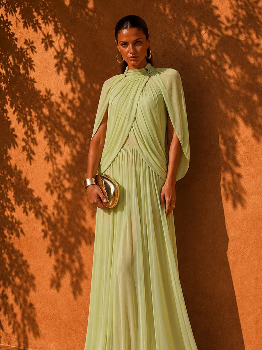 Bella Elegant Solid-Color Pleated Mesh Maxi Dress