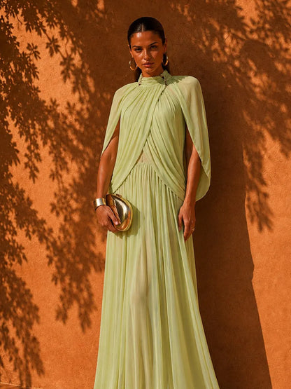 Bella Elegant Solid-Color Pleated Mesh Maxi Dress