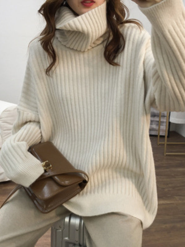 Casual Long Sleeves Loose Solid Color High-Neck Sweater Tops