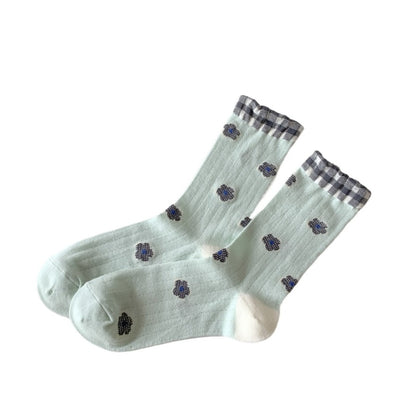 Rufia - Lace Flower Color-block Crew Socks - Sweet &amp; Retro