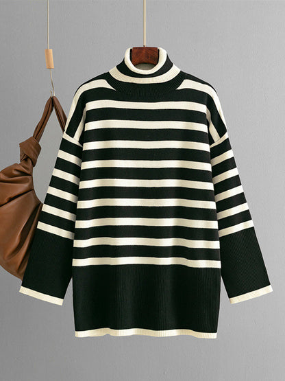 Long Sleeves Loose Contrast Color Split-Joint Striped Patterns High Neck Sweater Tops