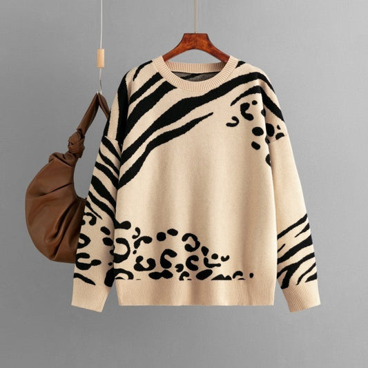 Leopard Print Long Sleeve Crew Neck Loose Sweater