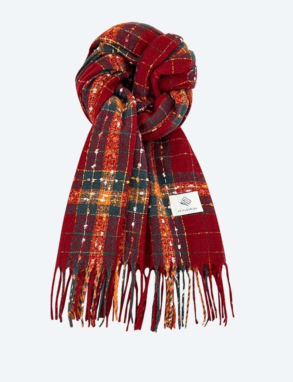 Christmas Warm Color Block Plaid Tassel Scarf