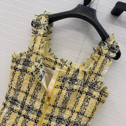 Balmain 26s Slip Dress Yellow Black Tweed 346071
