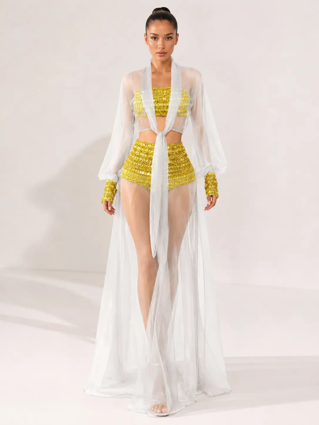 Celestia Rhinestone Sheer Mesh Three-Piece Set