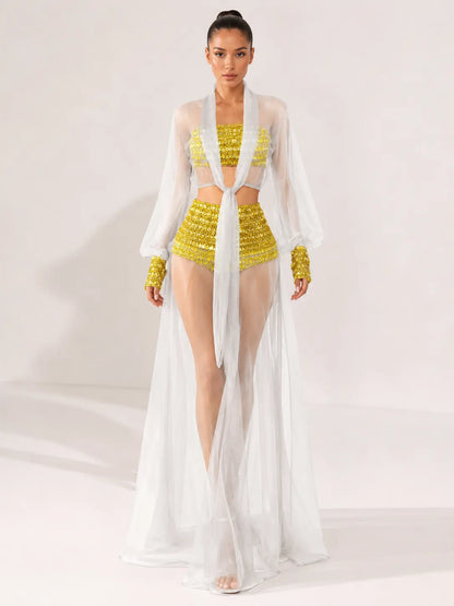 Celestia Rhinestone Sheer Mesh Three-Piece Set