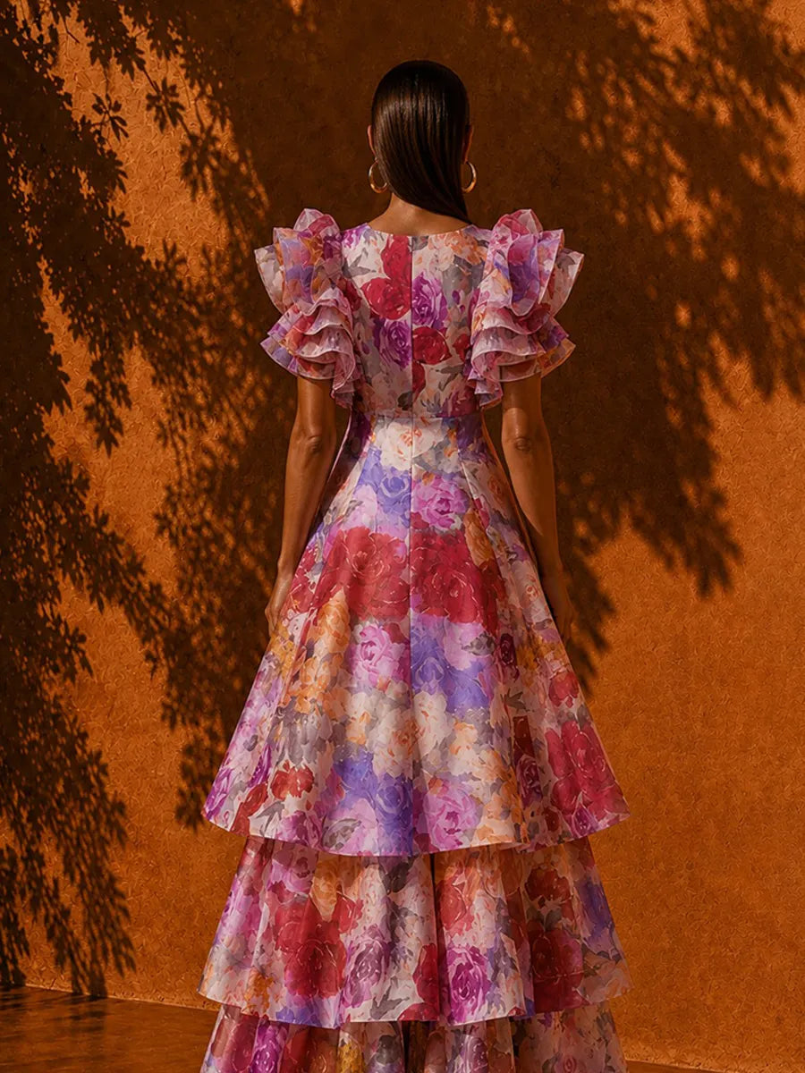 Sophia Printed Ruffled-Sleeve Tiered Maxi Dress