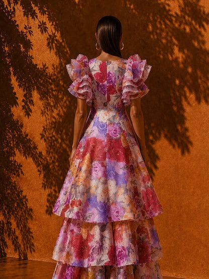 Sophia Printed Ruffled-Sleeve Tiered Maxi Dress