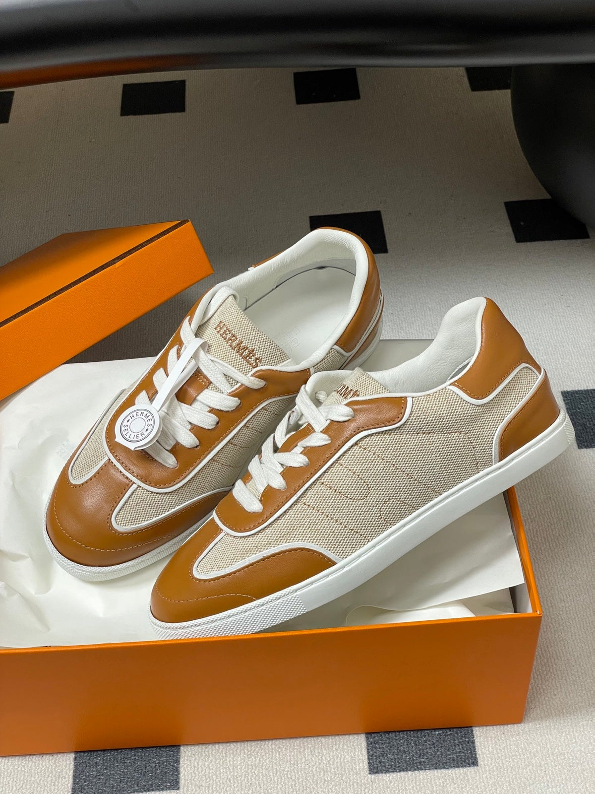 Hermes 26 Match Sneakers Brown Beige in Calfskin 594337