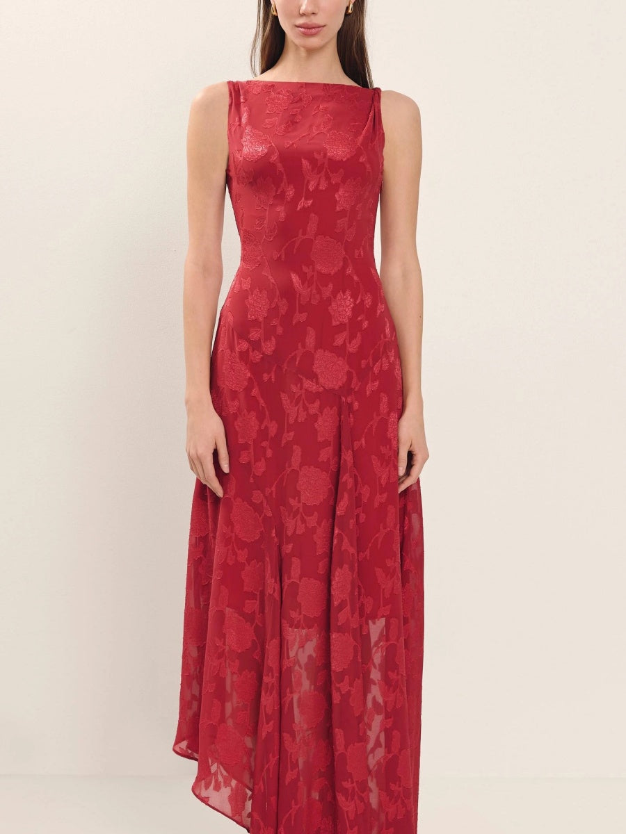 Chloe Floral-Jacquard Sleeveless Flowy Midi Dress