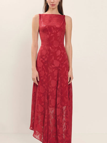 Chloe Floral-Jacquard Sleeveless Flowy Midi Dress