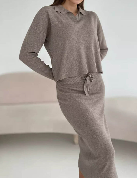 Knit Fall Polo Collar Sweater Bodycon Skirt Set