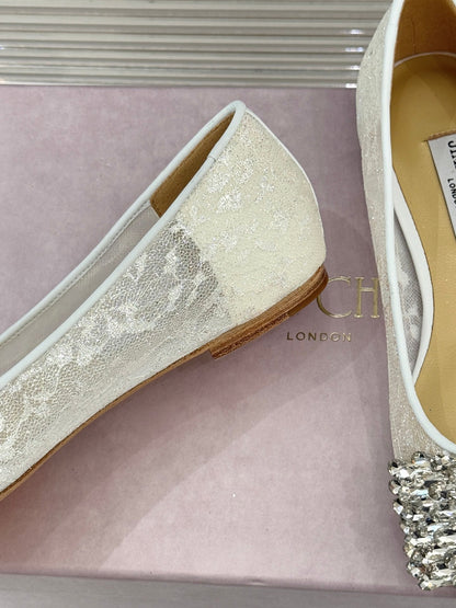 JC25WF Rhinestone Bow Pionted Toe Ballet Flat White Sheepskin 573534