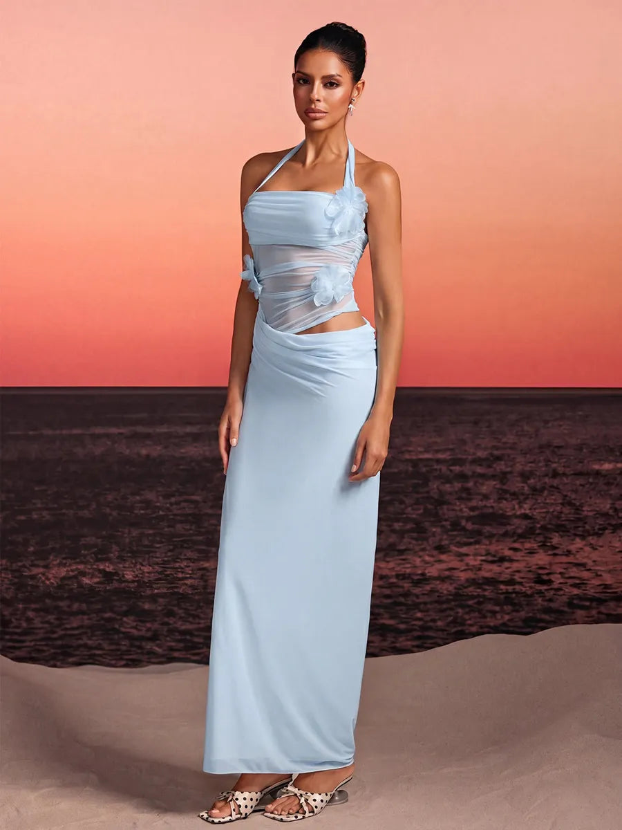 Arielle Halterneck Flower Maxi Dress In Sky