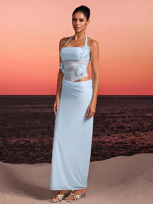 Arielle Halterneck Flower Maxi Dress In Sky