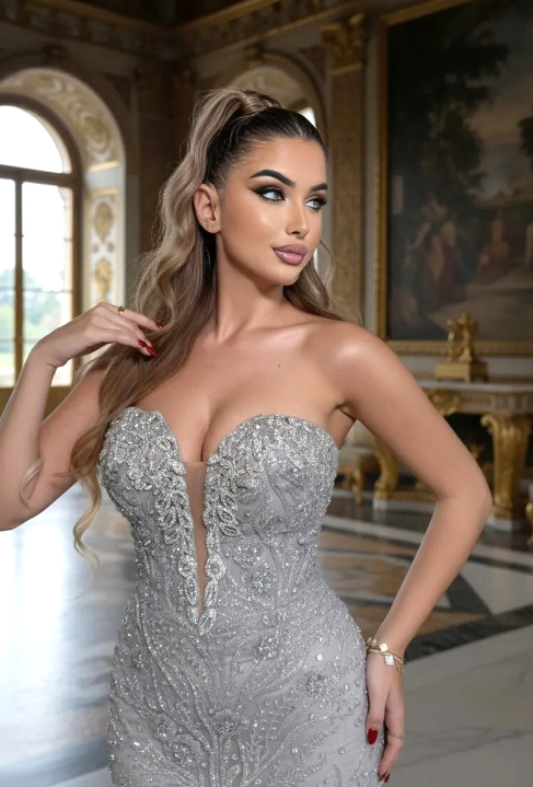 Strapless Floral Crystal Maxi Dress Silver