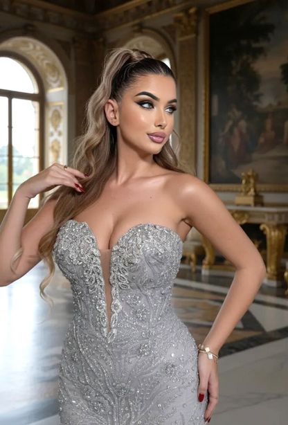 Strapless Floral Crystal Maxi Dress Silver