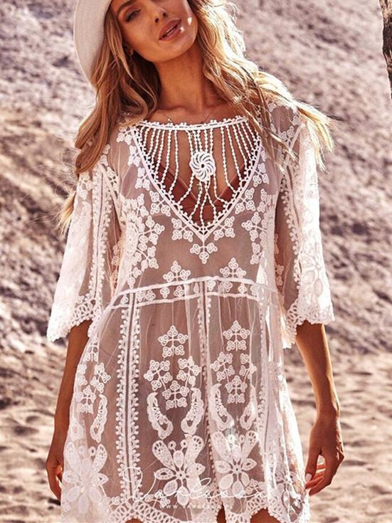 Loose Fit Monochrome Holiday Sunscreen Sexy Lace Bikini Swimsuit Cover Up Beach Pullover Dress