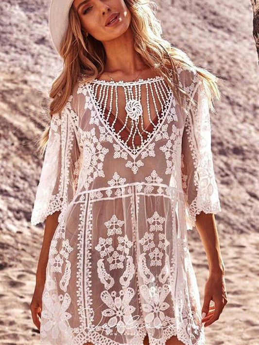 Loose Fit Monochrome Holiday Sunscreen Sexy Lace Bikini Swimsuit Cover Up Beach Pullover Dress