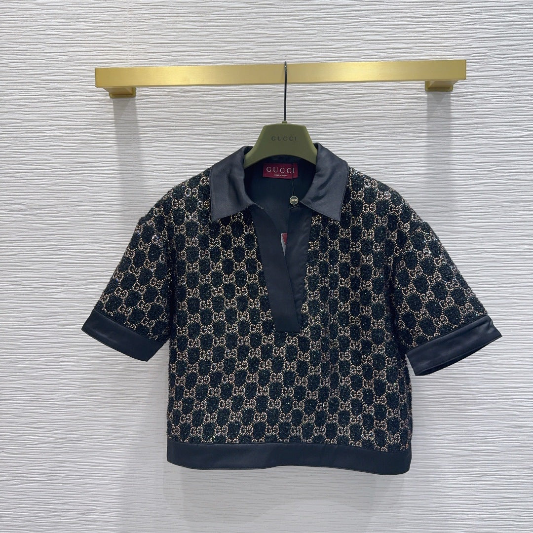 GG Embroidered Lamé T Shirr Wool Tweed 346768