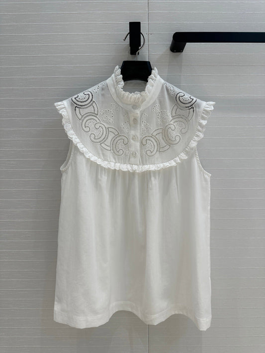 Celine 25 Lace Sleeveless Shirt White Cotton