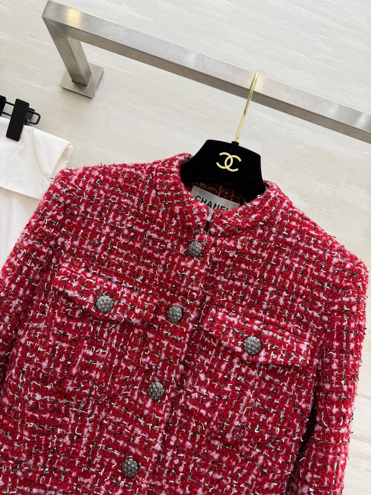 CC Woven Tweed Long-Sleeved Dress Red Pink Tweed 343197