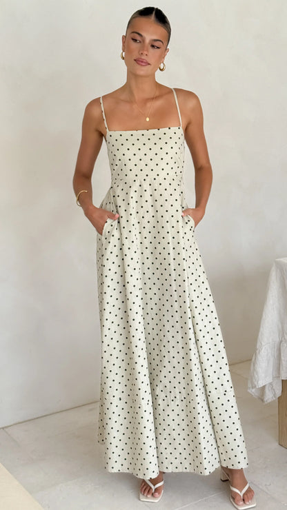 Nicole Spaghetti_Strap Maxi Dress - Beige/Black Polka Dot