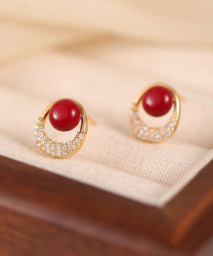 New Red Copper Overgild Zircon Pearl Stud Earrings