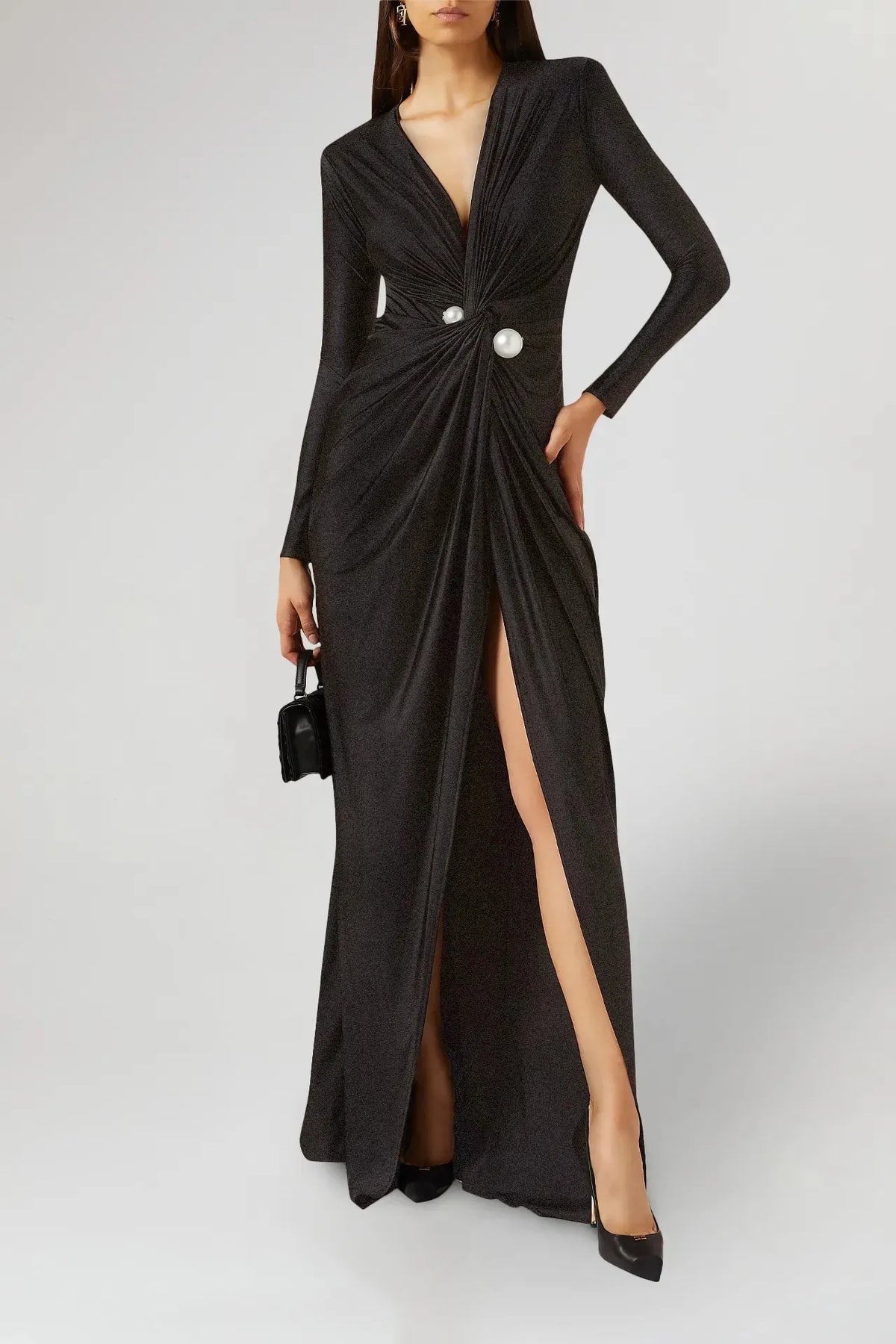 Arya Pearl-Embellished Ruched Maxi Dress with Slit