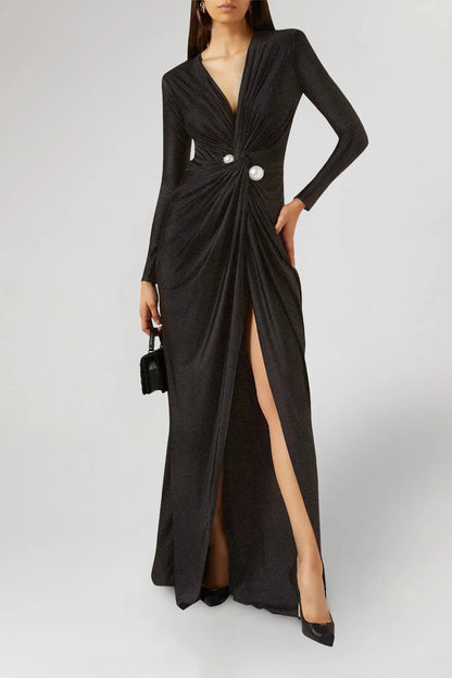 Arya Pearl-Embellished Ruched Maxi Dress with Slit