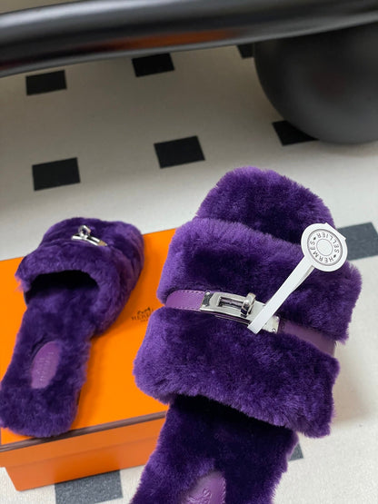 Hermes Giulia Kelly Buckle H-Slippers Purple in Wool 594326