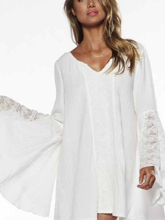 Women'S V-Neck Loose Plus Size Trumpet Sleeve Dress In Europe And America